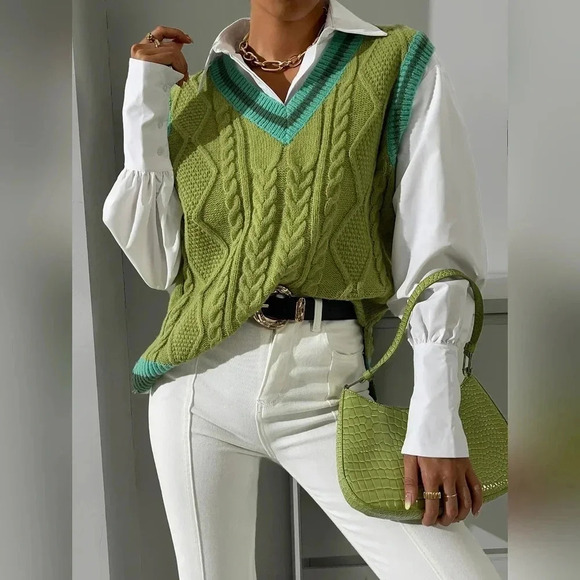 Striped Trim Split Hem Sweater Vest Without Blouse - Picture 1 of 7